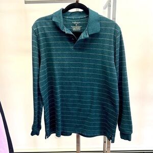 Men’s green and white stripes, two button, long sleeve, medium weight, size M